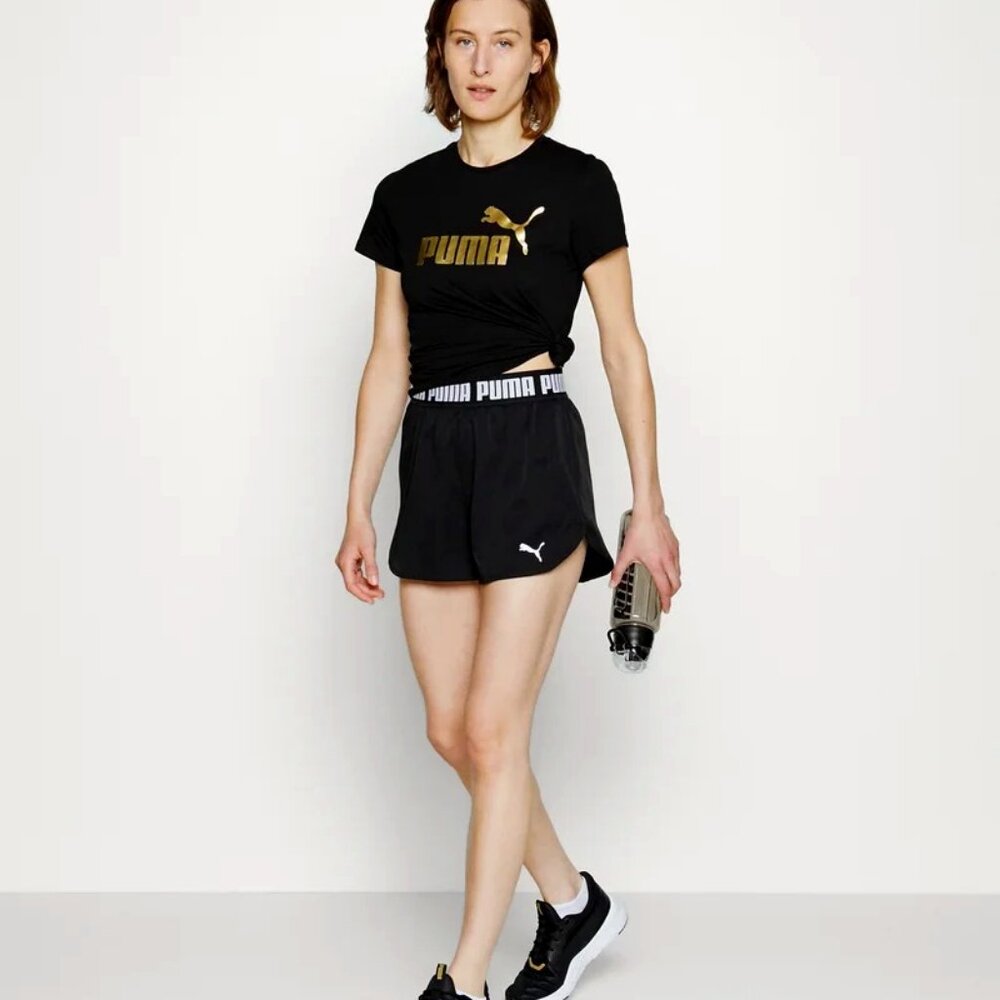 PUMA Slim-fit Short-sleeve Tee Shirt Black Metallic Gold Logo Graphic Front M
